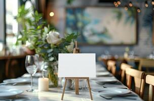 Table With Easel and Vase of Flowers photo