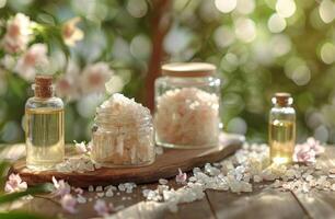 Wooden Table With Bottles of Bath Salts photo