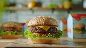 Hamburger in Box Surrounded by Other Hamburgers photo