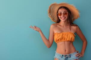 Woman in Bikini Top and Hat Pointing photo