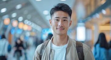 hombre en pie en aeropuerto mirando a cámara foto