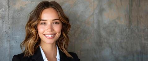 Smiling Woman in Leather Jacket photo