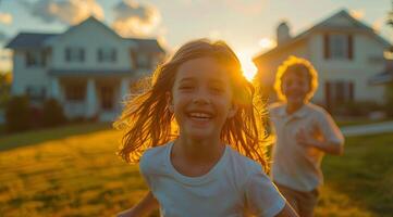 Kids Running Across Grass Field photo