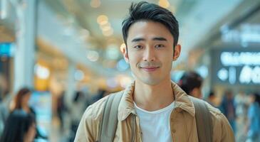 Man Standing in Airport Looking at Camera photo