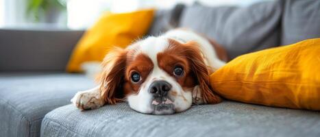 Brown and White Dog Laying on Top of Couch photo