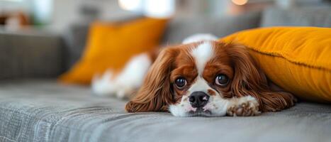 Brown and White Dog Laying on Top of Couch photo