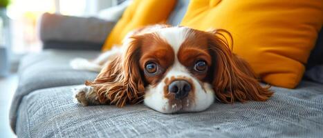 Brown and White Dog Laying on Top of Couch photo