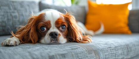 Brown and White Dog Laying on Top of Couch photo