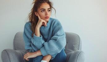 Woman Sitting on Chair in Blue Sweater photo