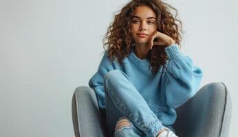 Woman Sitting on Chair in Blue Sweater photo