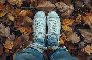 White Sneakers Resting on Pile of Leaves photo