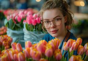 Woman Standing in Front of Bunch of Flowers photo