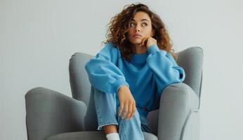 Woman Sitting on Chair in Blue Sweater photo