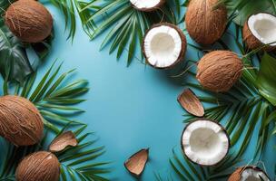 Coconuts and Leaves on Blue Background photo