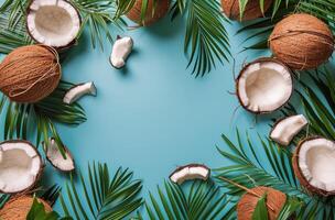 Coconuts and Leaves on Blue Background photo