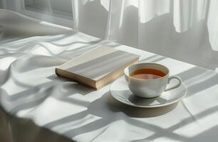 A Cup of Coffee and a Book on a Table photo