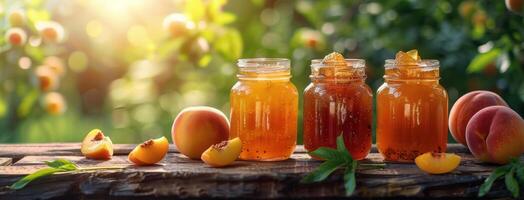 Group of Jars Filled With Liquid on Wooden Table photo