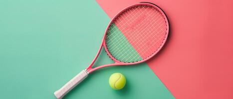 rosado tenis raqueta y pelota en verde y rosado superficie foto