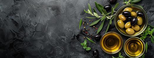 Olives and Olive Oil on a Black Background photo
