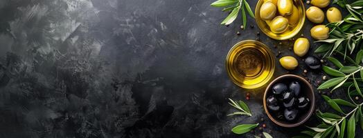 Olives and Olive Oil on a Black Background photo