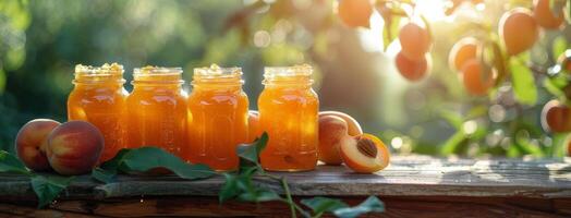 Group of Jars Filled With Liquid on Wooden Table photo