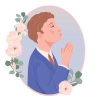 A boy in a smart suit for the first communion. The child is ready to receive the sacrament of the Eucharist. A young Catholic prays before the sacred sacrament of communion. vector