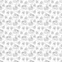 Seamless pattern with cat, skeins of yarn and containers. Doodle outline illustration. vector