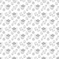 Seamless pattern with circular knitting and knitting clothes. Doodle outline illustration. vector
