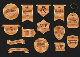 Golden luxury labels and badges premium quality certificate ribbons illustration vector