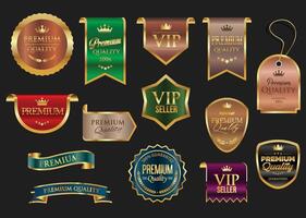 Golden luxury labels and badges gold premium quality certificate ribbons illustration vector