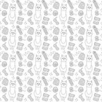 Seamless pattern with cute alpaca and skeins of yarn. Doodle outline illustration. vector