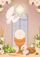 Decorated altar in the church. Elements for the first communion - bread, holy cup, wine. The presence of the holy spirit in the temple in the form of a white radiant dove. Greeting card design. vector