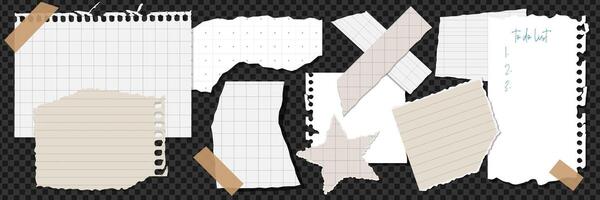 Torn and cut Paper sheets set for trendy Collages. Pieces of notepad, sticker. Checkered and linear notebook sheet. Trendy white beige note element and speech bubble. design. vector