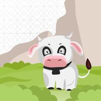 cute cow in green grassland social media background eid adha vector