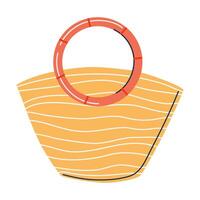 Summer beach woman handbag. Straw bathing bag with round wooden handle isolated on transparent background. Traveling concept. Flat style hand drawn illustration. vector