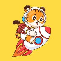 linda Tigre astronauta montando cohete en espacio dibujos animados vector