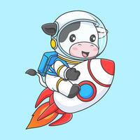 linda vaca astronauta montando cohete en espacio dibujos animados vector