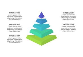 3d infografía pirámide, o comparación gráfico con 5 5 vistoso levitando capas. el concepto de niveles o etapas de un negocio proyecto. realista infografía diseño modelo. vector