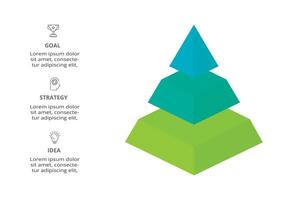 3D infographic pyramid, or comparison chart with 3 colorful levitating layers. The concept of levels or stages of a business project. Realistic infographic design template. vector