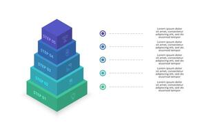 3D infographic pyramid, or comparison chart with 5 colorful levitating layers. The concept of levels or stages of a business project. Realistic infographic design template. vector