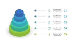 3D infographic pyramid, or comparison chart with 5 colorful levitating layers. The concept of levels or stages of a business project. Realistic infographic design template. vector