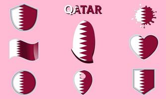 Collection of flat national flags of Qatar with map vector