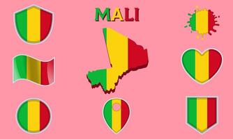 Collection of flat national flags of Mali with map vector