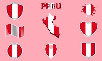 Collection of flat national flags of Peru with map vector
