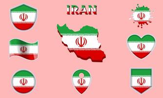 Collection of flat national flags of Iran with map vector