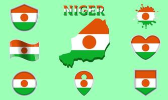 Collection of flat national flags of Niger with map vector