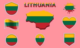 Collection of flat national flags of Lithuania with map vector