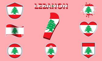 Collection of flat national flags of Lebanon with map vector