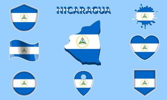 Collection of flat national flags of Nicaragua with map vector