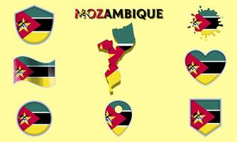 Collection of flat national flags of Mozambique with map vector